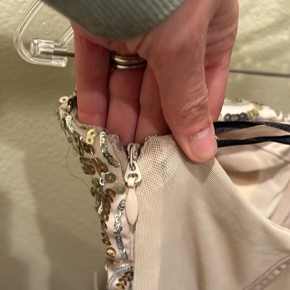 Bebe strapless fringe and sequin dress. Top is gold and the fringe is light pink - Picture 9 of 11